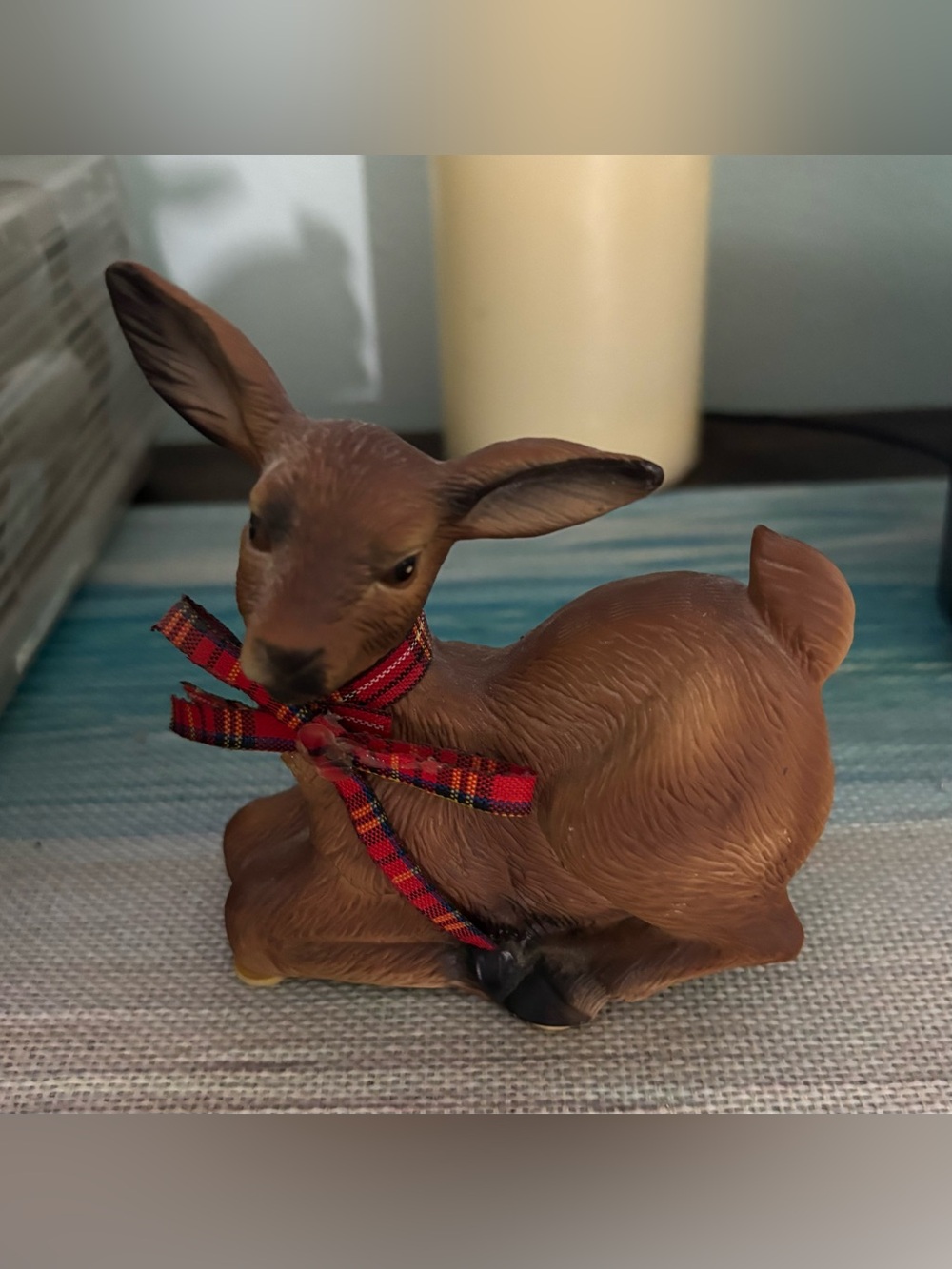 Vintage Alden porcelain Brown Deer Figurine with Red Plaid Bow 1988